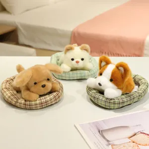 Set of three cute plush dog toys in small plaid pet beds for home or car decor