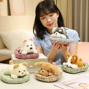 Adorable set of plush toy dogs sleeping in plaid beds for home and car decoration