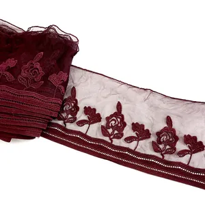 Elegant Floral Embroidery Mesh Lace Trim Milk Silk Burgundy Rose Pattern DIY Sewing Craft Garment Accessories Vintage Style