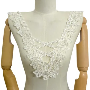 Elegant white embroidered lace faux collar floral appliqué design shown on mannequin