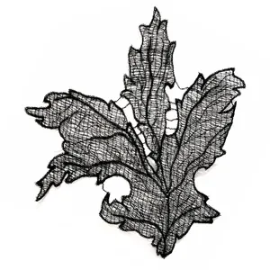 Macro view of the delicate black lace embroidery patch with intricate leaf patterns