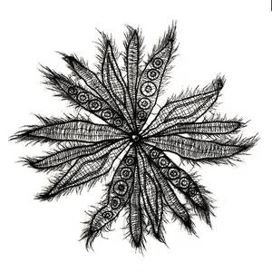 Macro view of a black lace floral applique with intricate fish silk embroidery details