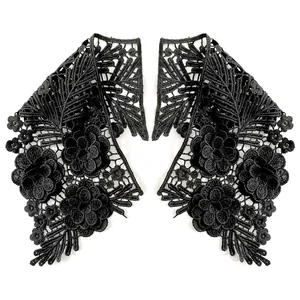 Detail of symmetrical black milk silk embroidered lace collar with hollow flower pattern
