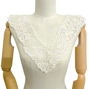 Exquisite white embroidered v-neck lace collar featuring intricate floral hollow designs for DIY