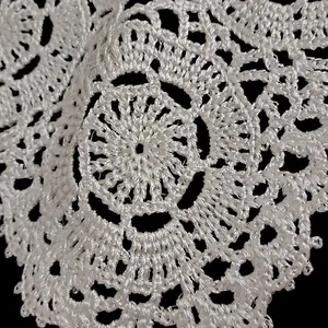 Macro detail of white hollow-out embroidered lace collar showing intricate thread texture.