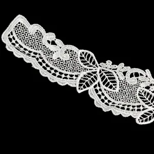 Close-up detail of intricate white floral lace embroidery for DIY sewing projects.