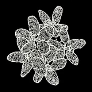 Close-up of delicate white embroidered lace patch with transparent hollowed out texture.