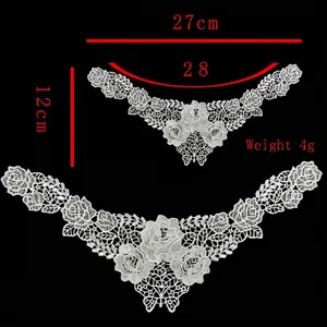 Detailed view of white rose lace embroidery patch with size measurements and weight info