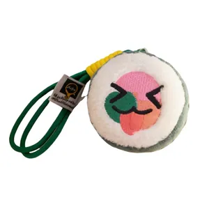 Cute cartoon sushi roll plush pendant with embroidered face and durable green lanyard strap