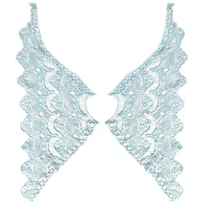 Detail view of light blue milk silk embroidered lace collar with hollow floral patterns