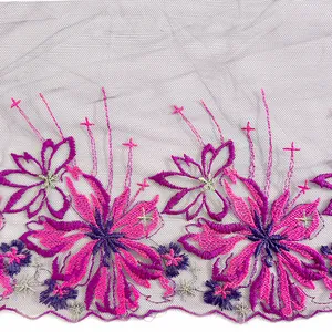 Detailed macro view of colorful floral embroidered lace trim for DIY sewing and lingerie