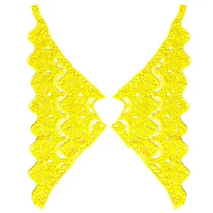 Detailed view of yellow hollow-out floral lace embroidery collar applique accessory.