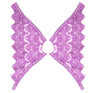 Detail view of purple hollow embroidery milk silk lace applique for clothing décor