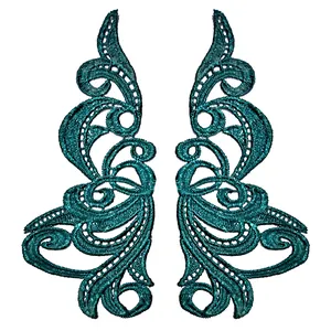 Pair of symmetrical teal water-soluble lace floral embroidery patches