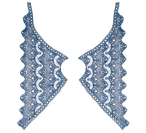 Detailed view of elegant blue milk silk embroidered lace collar applique for fashion decor