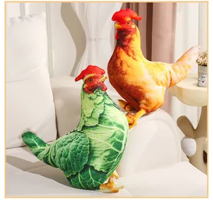 Detailed view of realistic chicken and cabbage-patterned plush pillows on a sofa
