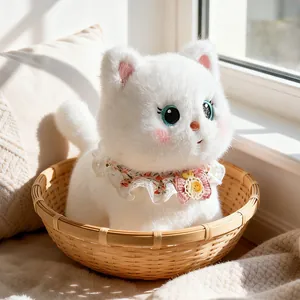 Adorable white standing cat plush toy with floral lace bib collar sitting in a woven basket