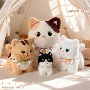 Cute standing kitten plush dolls with decorative lace bibs, standing cat plush set