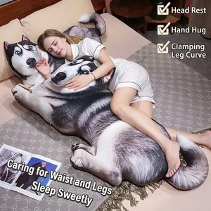 Realistic Siberian Husky printed plush long body pillow for side sleeping support.