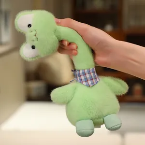 Lindo peluche de dinosaurio verde de cuello largo flexible con bufanda a cuadros.