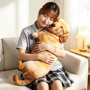 Realistic golden retriever dog plush pillow for sofa decor, cute puppy animal doll