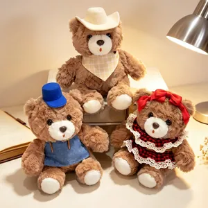 Three cute teddy bear plush toys in cowboy, blue vest and red bow outfits for gifts