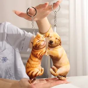 Cute realistic 3D printed ginger cat and puppy plush toy keychains with silver rings