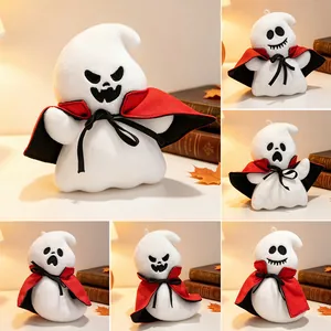 Adorable soft Halloween ghost plush doll toy wearing a red cape with varied expressions