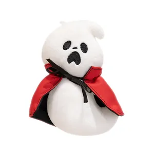 Adorable white ghost plush toy wearing a red vampire cape, perfect Halloween gift