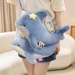Simpatica borsa a tracolla in peluche a forma di delfino blu per bambini con cinturino