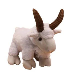 Realistic mountain goat plush toy ornament with brown curved horns and soft gray fur