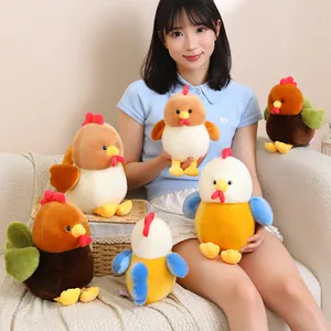 Soft cartoon chicken plush dolls in vibrant colors featured with an Asian model on a cozy sofa