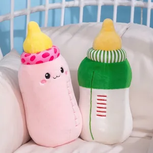 Cute milk bottle shaped plush pillows with soft fabric and embroidered faces