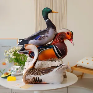 Realistic mallard duck, mandarin duck, and goose shaped plush pillows for home decor.