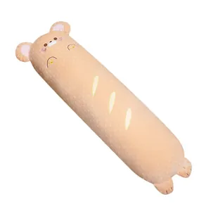 Cute bear bread shaped long plush pillow made of soft minky dotted fabric for sleeping.