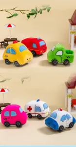 Set of colorful cartoon plush toy cars including ambulance and taxi in mini scene