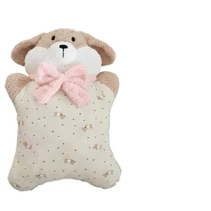 Soft plush puppy throw pillow with a cute pink bow for home decor and children gift