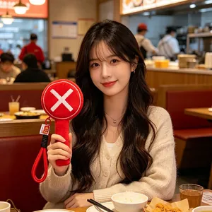 Red plush handheld 'X' sign indicator for travel photography and food reviews.