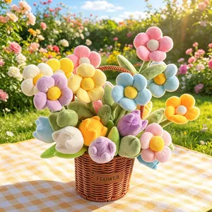 Bouquet di tulipani e girasoli di peluche colorato in cesto per decorazione casa