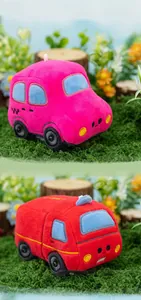 Detail view of cute pink and red plush car toys with soft textures and cute expressions.