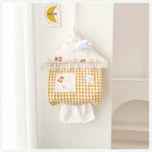 Cute house-shaped hanging tissue holder with yellow gingham and lace details