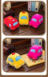 Detailed view of colorful cartoon car plush toys placed on a rustic wooden table