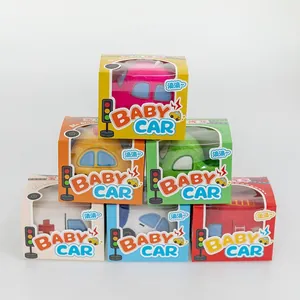 Set of six colorful cartoon plush toy cars in window boxes for baby soothing gifts