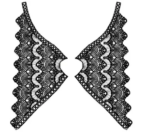 Detail of black milk silk embroidery lace collar applique with intricate floral pattern.