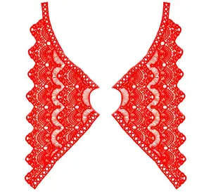 Detailed view of symmetrical red milk silk embroidery lace floral appliques for fashion.
