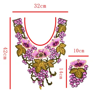 Detailed measurement view of colorful floral and grape embroidery lace faux collar and patches