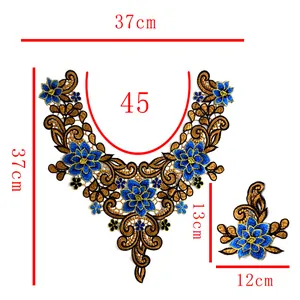 Dimensions détaillées du col en dentelle brodée soluble dans l'eau bleu et or