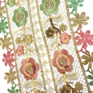 Detailed macro shot of gold thread and sequin embroidered floral lace collar accessory