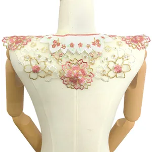 Detailed macro view of colorful cherry blossom embroidery on organza detachable collar