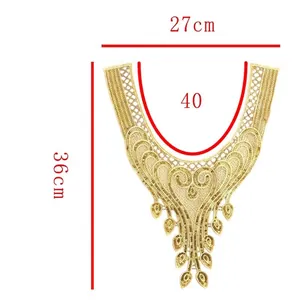 Detailed view of golden sequin embroidered lace collar with 36cm and 27cm measurements